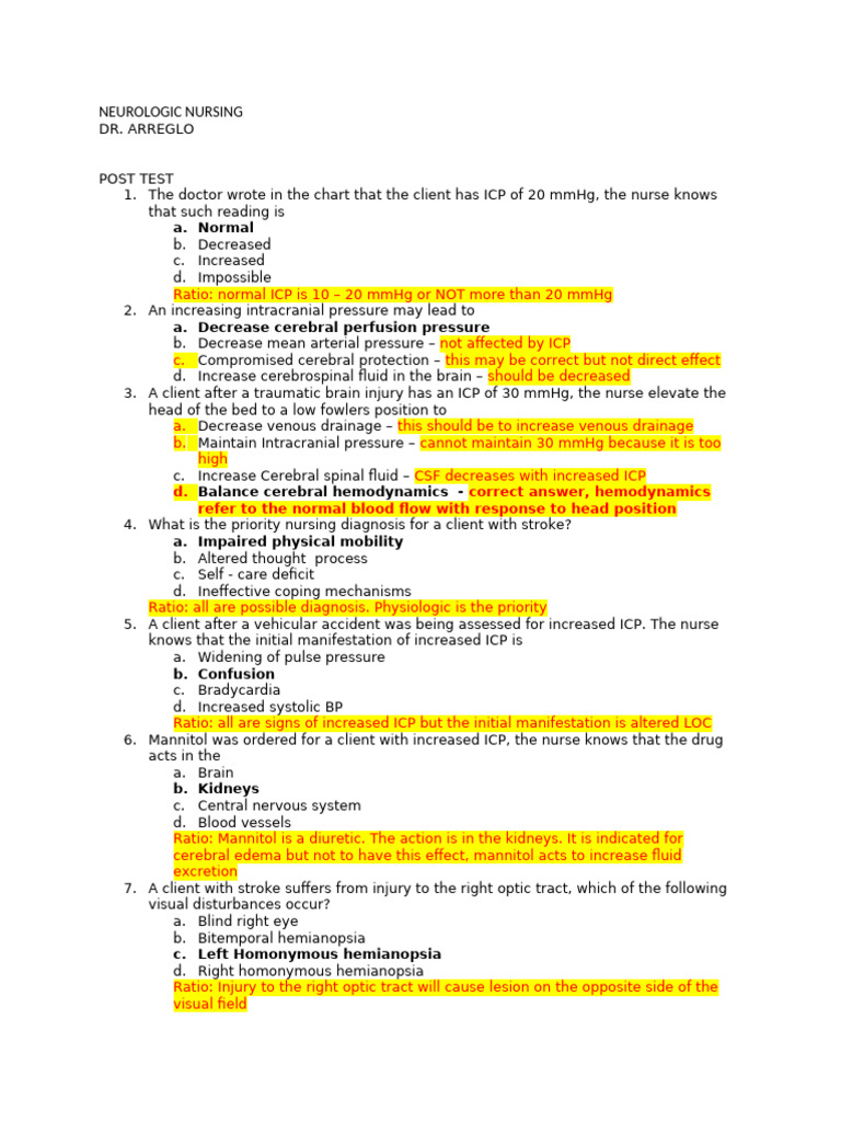 Neurologic Nursing Post Test Questions | PDF | Neurological Disorders ...