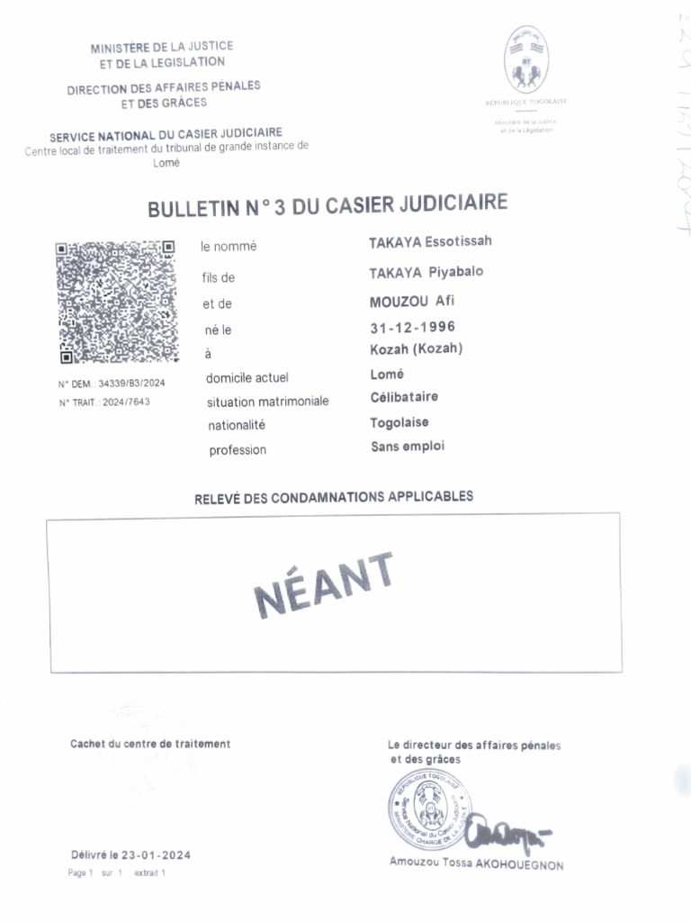 Bulletin N°3 du Casier Judiciaire 2024 | PDF