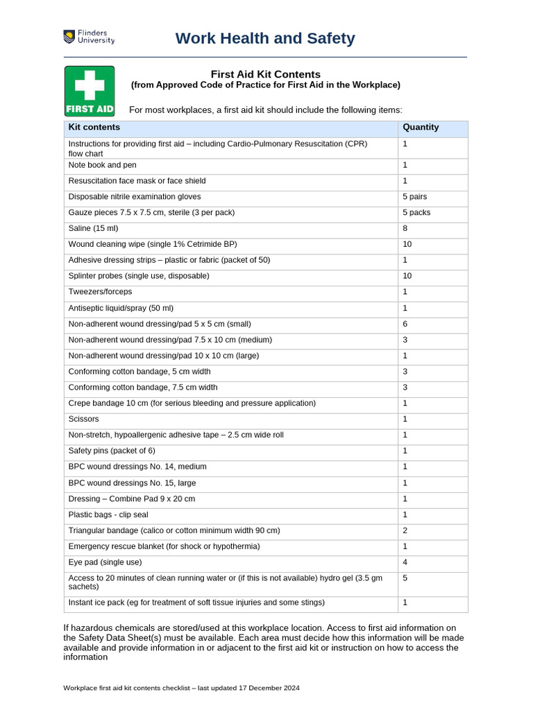 Essential First Aid Kit Contents Guide | PDF | First Aid | Wound