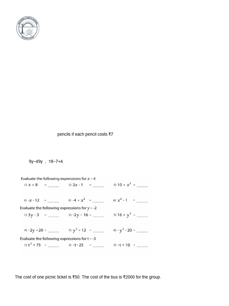 Algebraic Expressions Worksheet 2025-26 | PDF