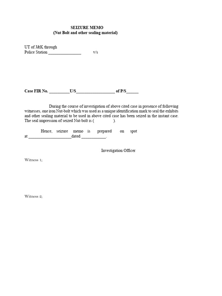 Seizure Memo for Nut Bolt Evidence | PDF