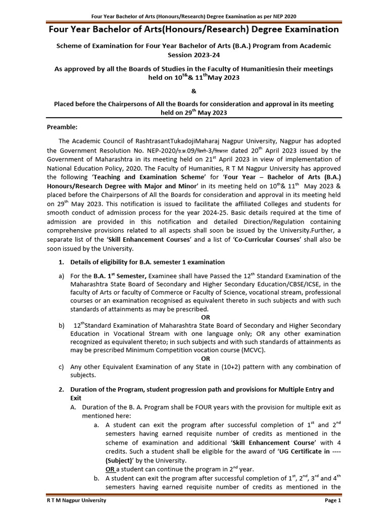 NEP 2020 B.A. Program Guidelines | PDF | Academic Degree | Bachelor's ...