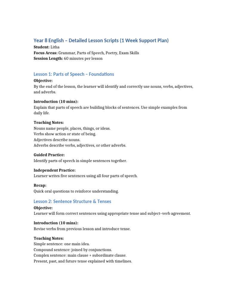 Year 8 English Lesson Plans: Grammar & Poetry | PDF | Part Of Speech | Verb