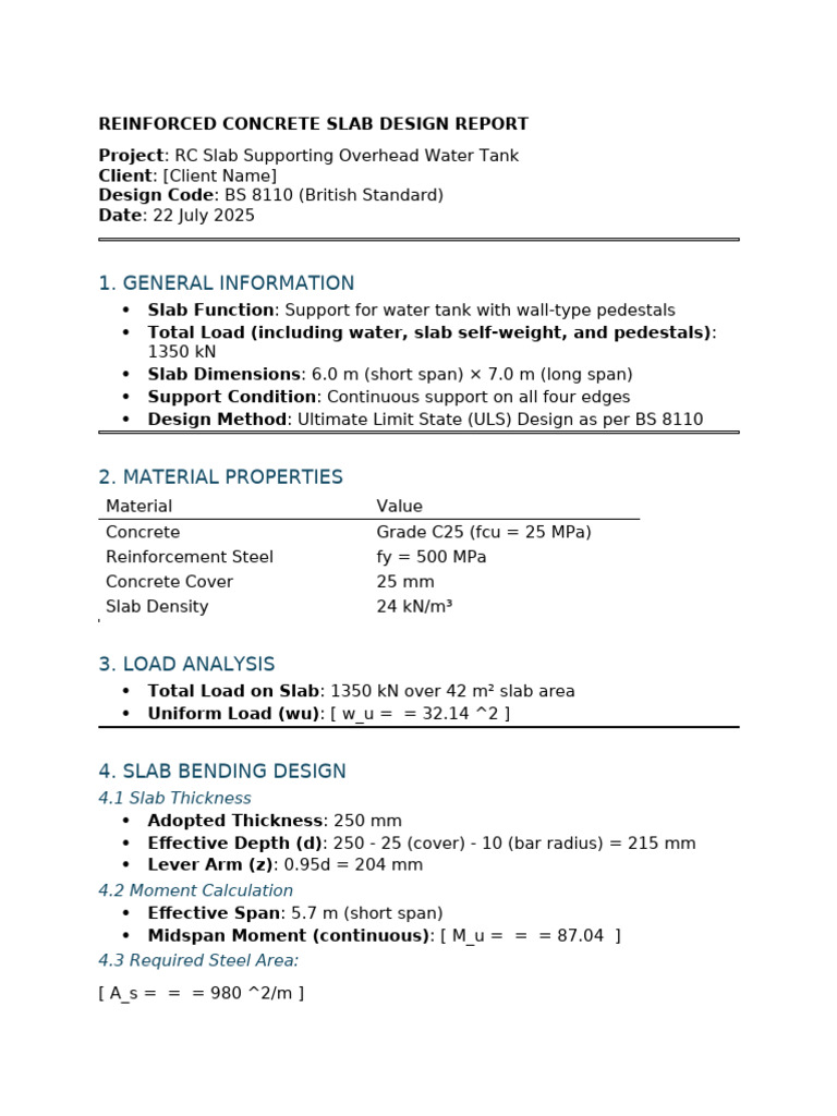 RC Slab Design for Water Tank Support | PDF | Building Technology ...