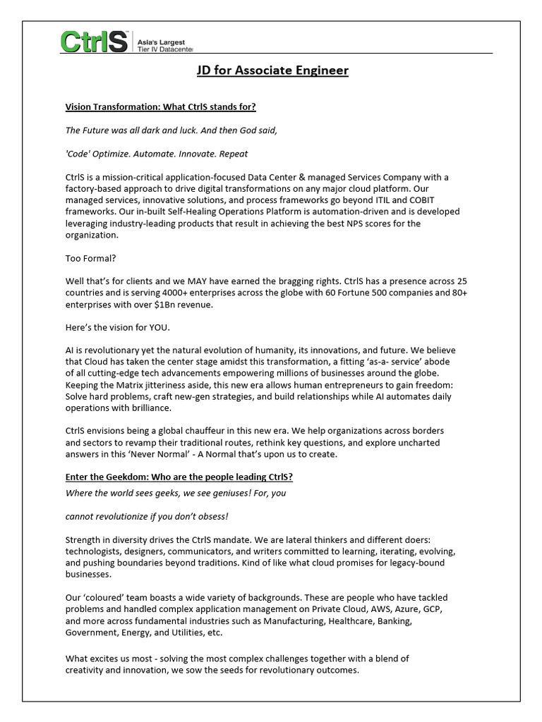 Associate Engineer Job Description at CtrlS | PDF | Machine Learning ...