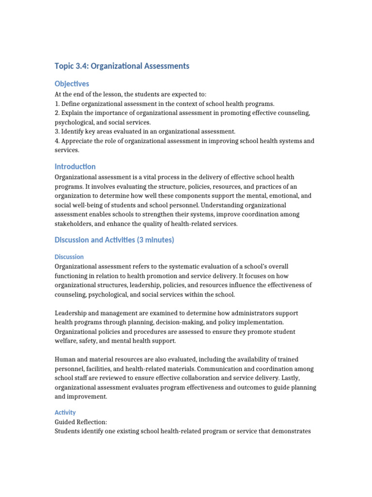 Topic 3 4 Organizational Assessments PED19-1 | PDF | Well Being | Policy