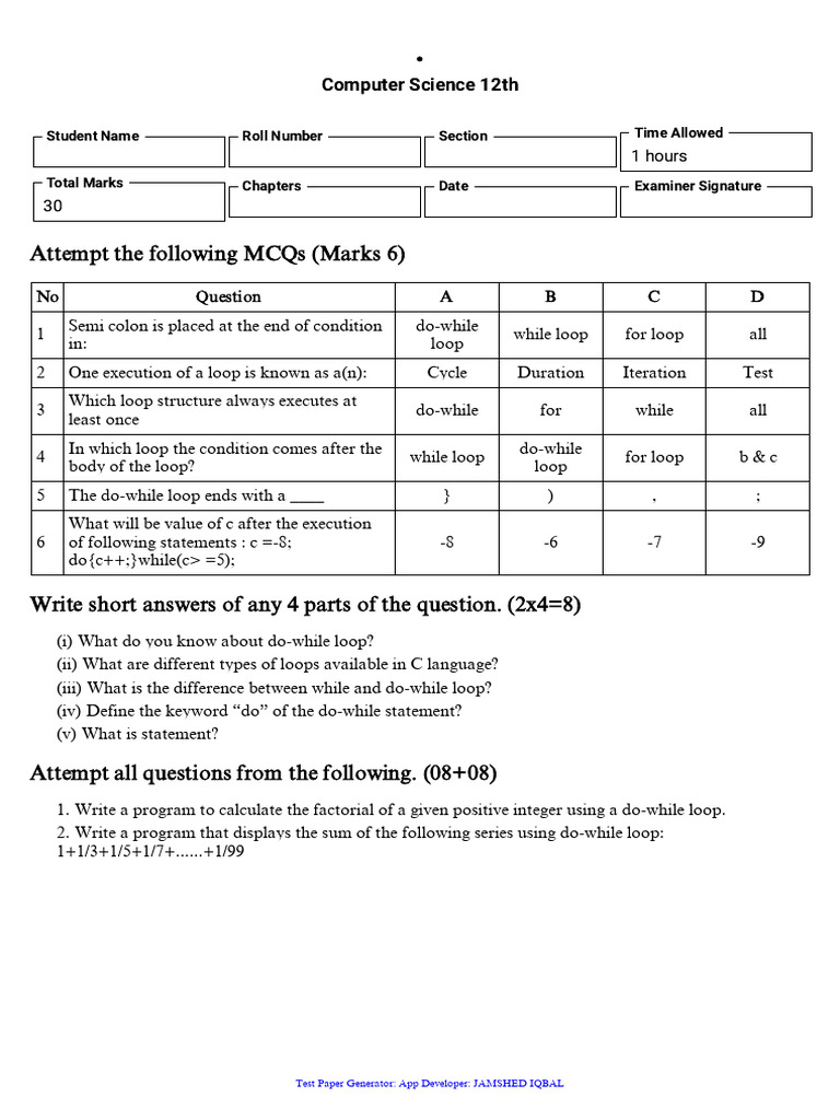 Computer Science 12th MCQs and Programming Tasks | PDF | Control Flow ...
