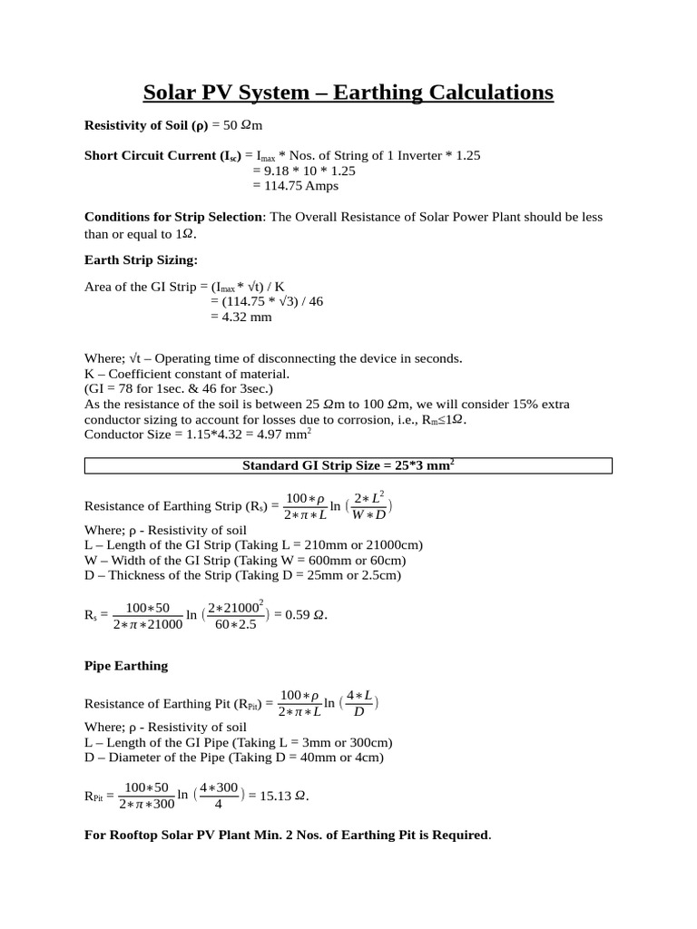 Solar PV Earthing Calculations Guide | PDF