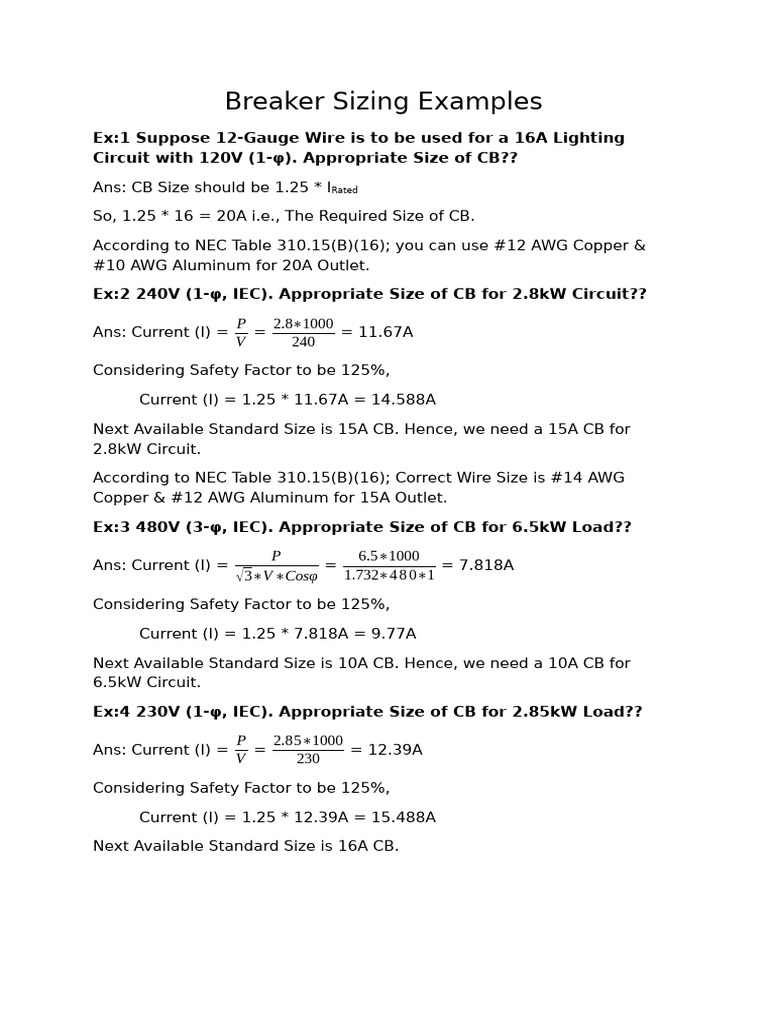 Breaker Sizing Examples | PDF | Mechanical Engineering | Electromagnetism