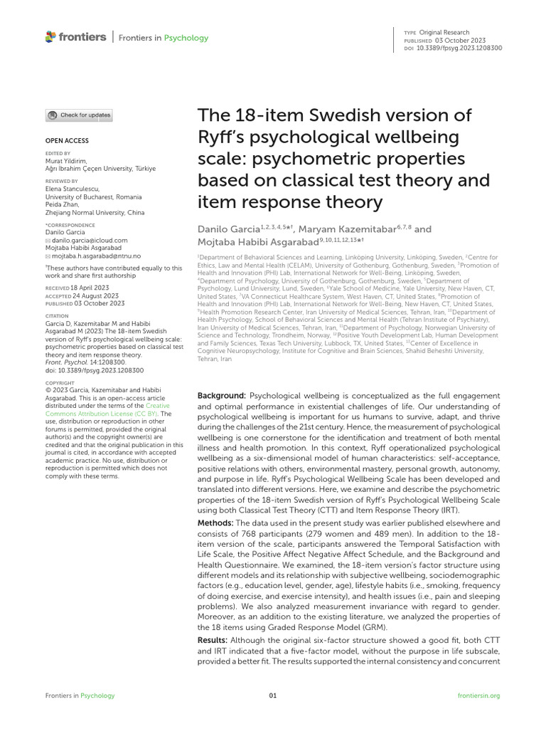 The 18-Item Swedish Version of Ryffs Psychologica | PDF | Well Being ...