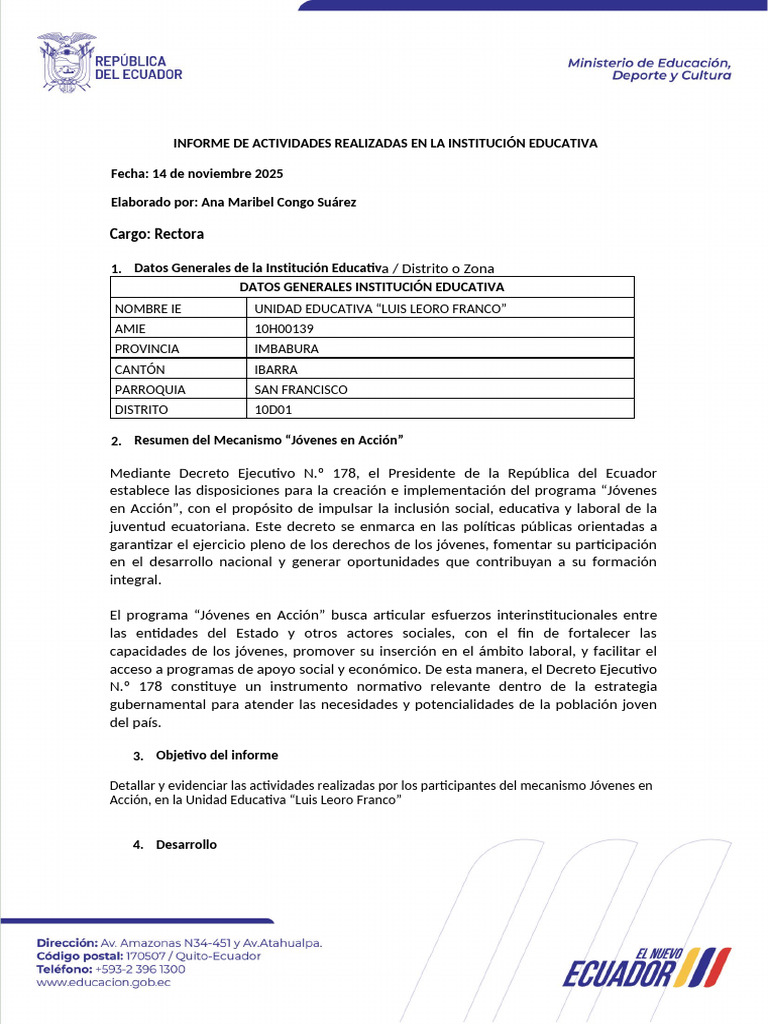 Informe de Actividades Jóvenes en Acción | PDF | Ecuador | Gobierno