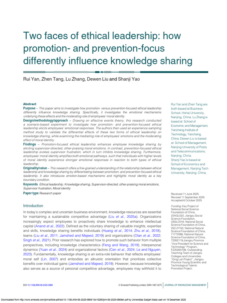 Ethical Leadership's Impact on Knowledge Sharing | PDF | Leadership ...