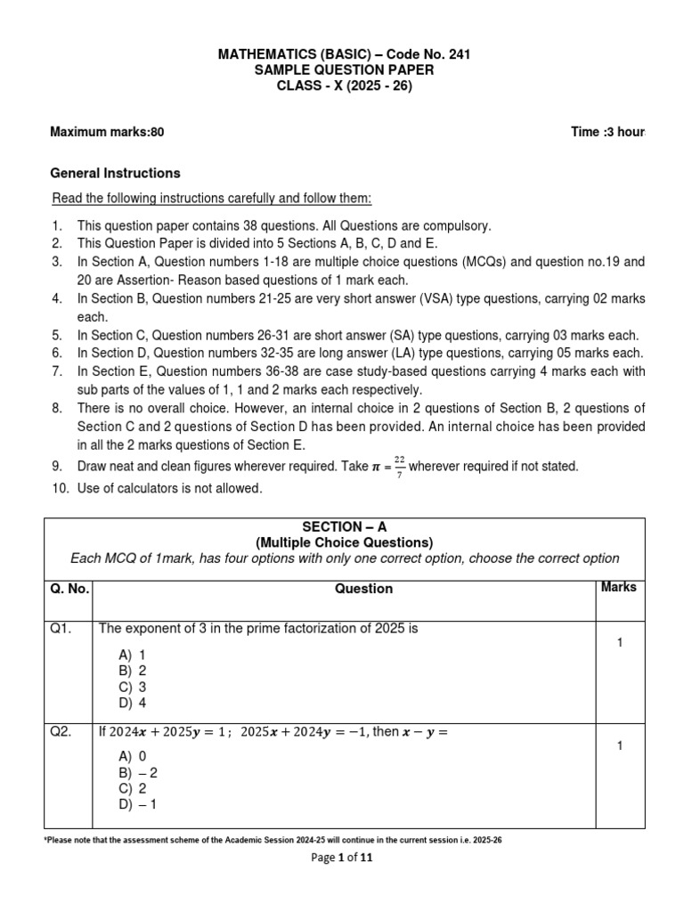 Class X Mathematics Sample Paper 2025-26 | PDF | Circle | Multiple Choice