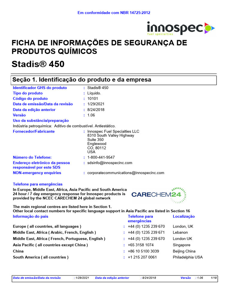 Ficha de Segurança do Stadis® 450 | PDF | Toxicidade | Dor