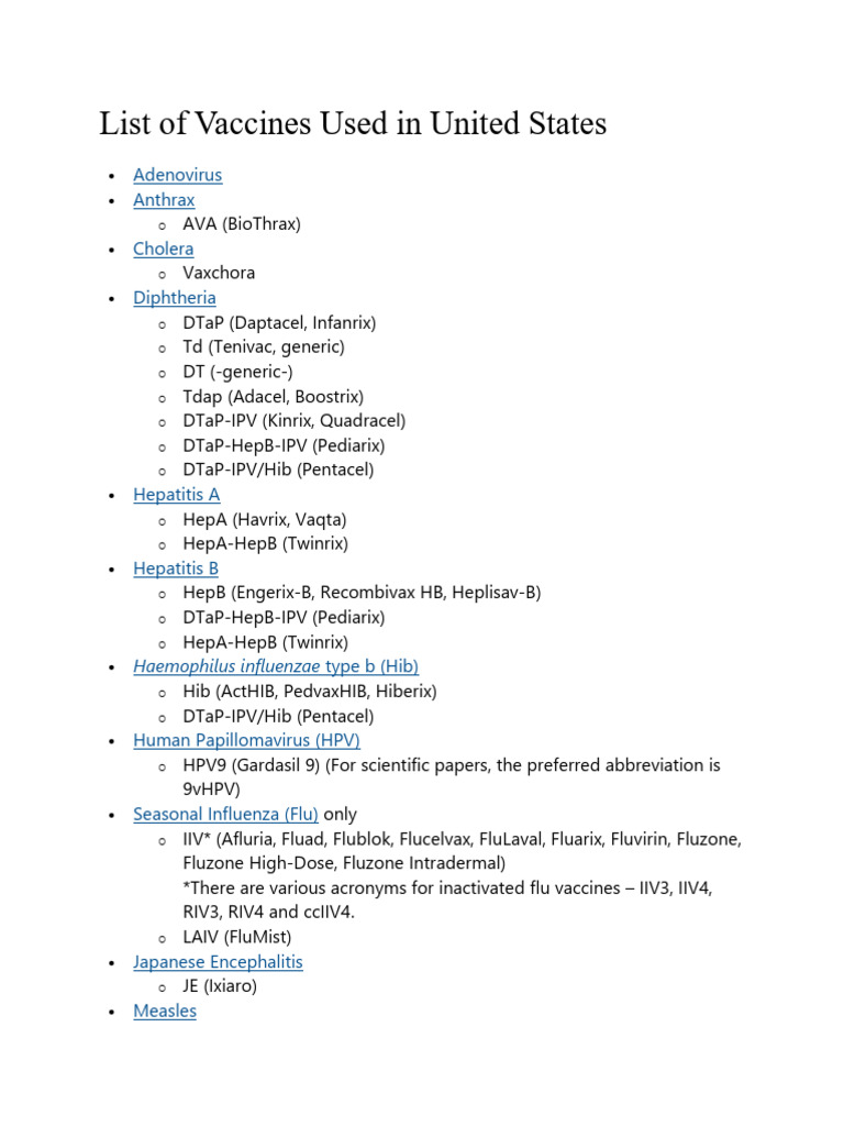 List of Vaccines Used in the United States (2) | PDF