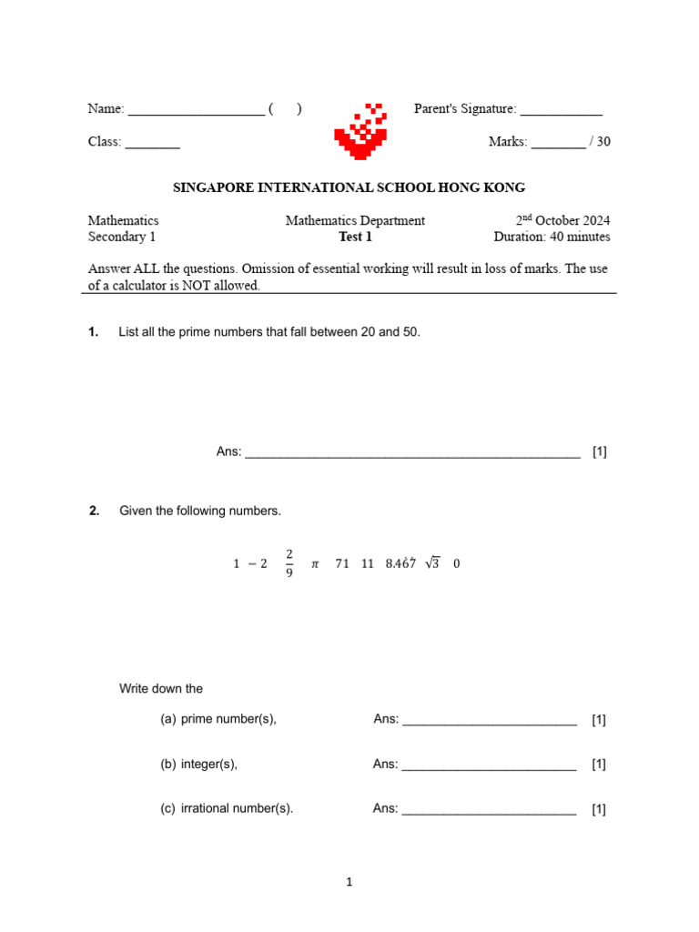 Secondary 1 Math Test Paper | PDF | Prime Number | Numbers