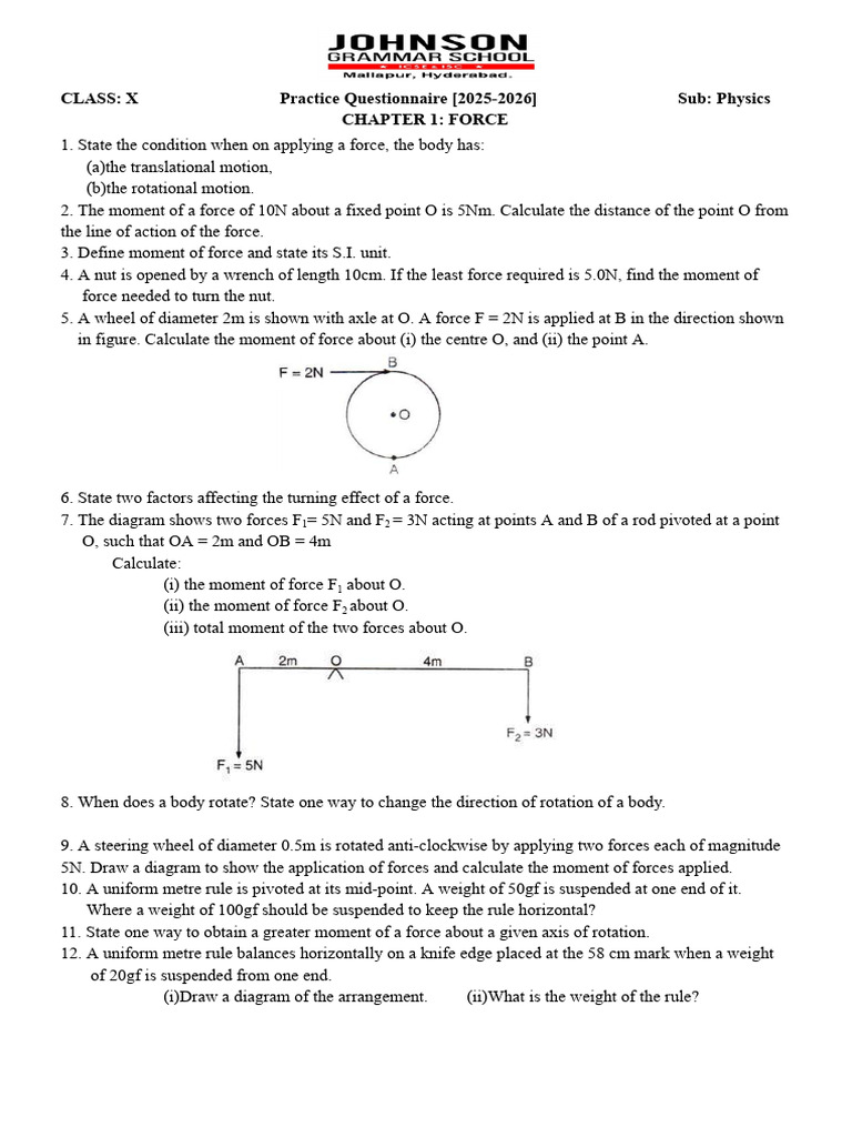 Physics Practice Questions for Class X | PDF | Force | Momentum