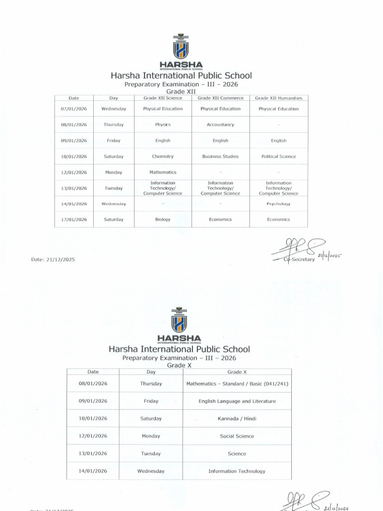 Preparatory Exam Time Table 2025-26 | PDF