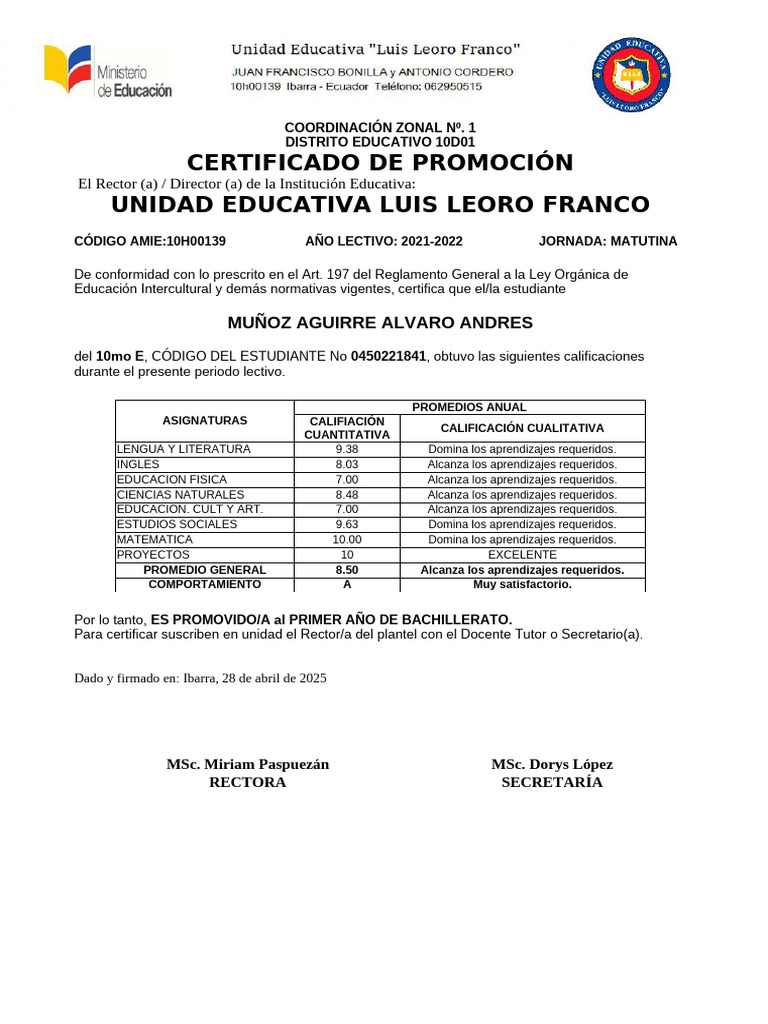 Certificado de Promoción Escolar 2022 | PDF