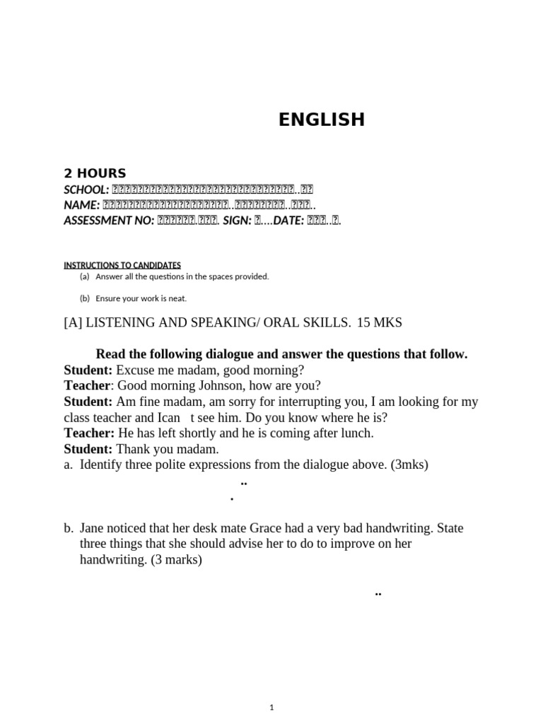 Grade 8 English Qs Ope 2024 Teacher.co .Ke 7 | PDF | English Language ...