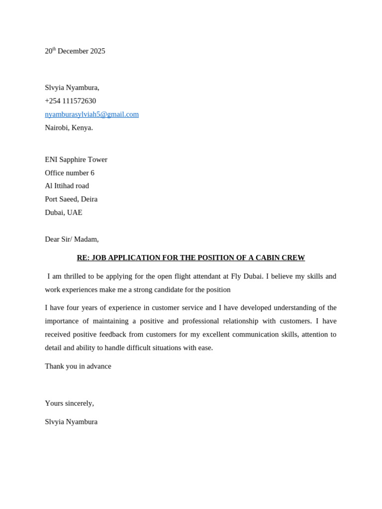 Etihad Cabin Crew Cover Letter | PDF