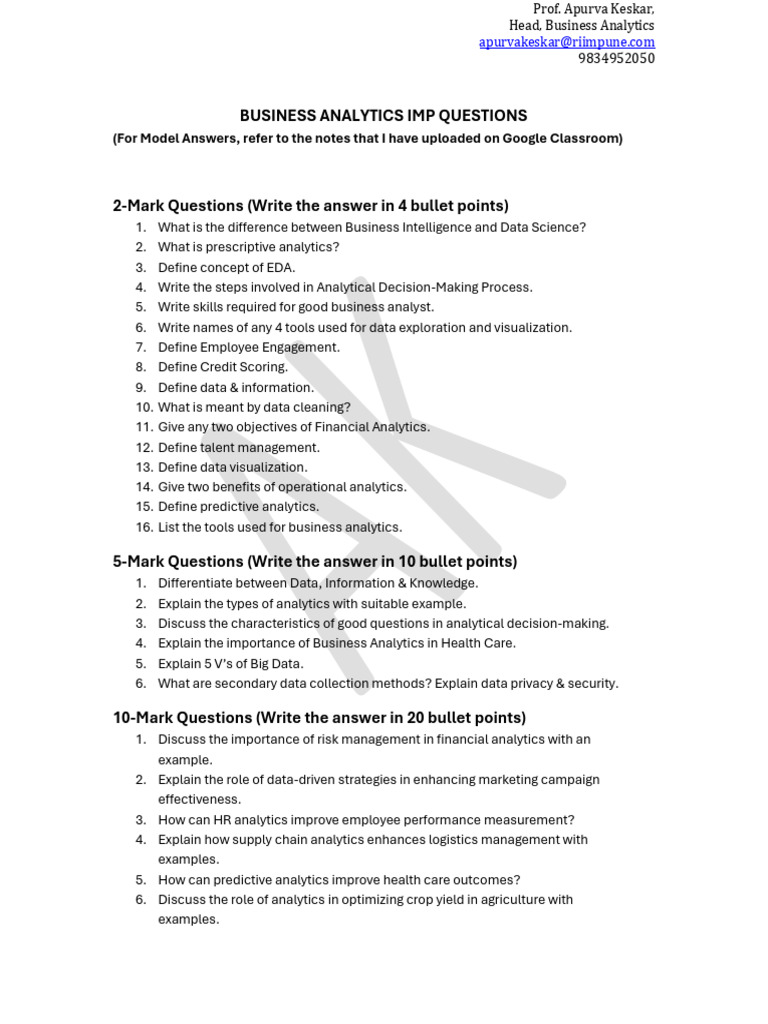 Key Business Analytics Exam Questions | PDF | Analytics | Data