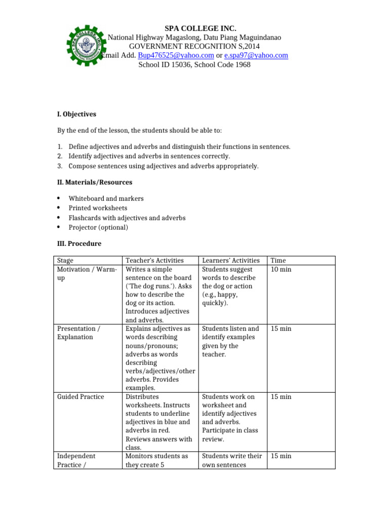 Teaching Adjectives and Adverbs Lesson Plan | PDF | Adjective | Adverb