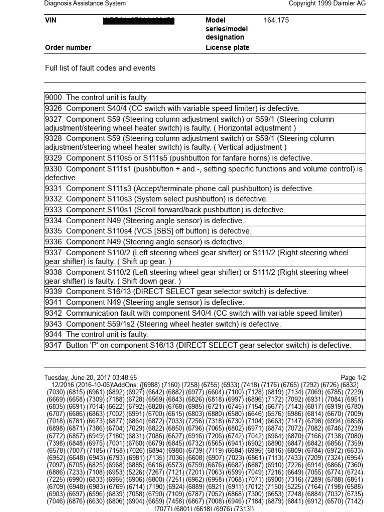 Mercedes-Benz Diagnosis System Fault Codes | PDF | Electricity ...