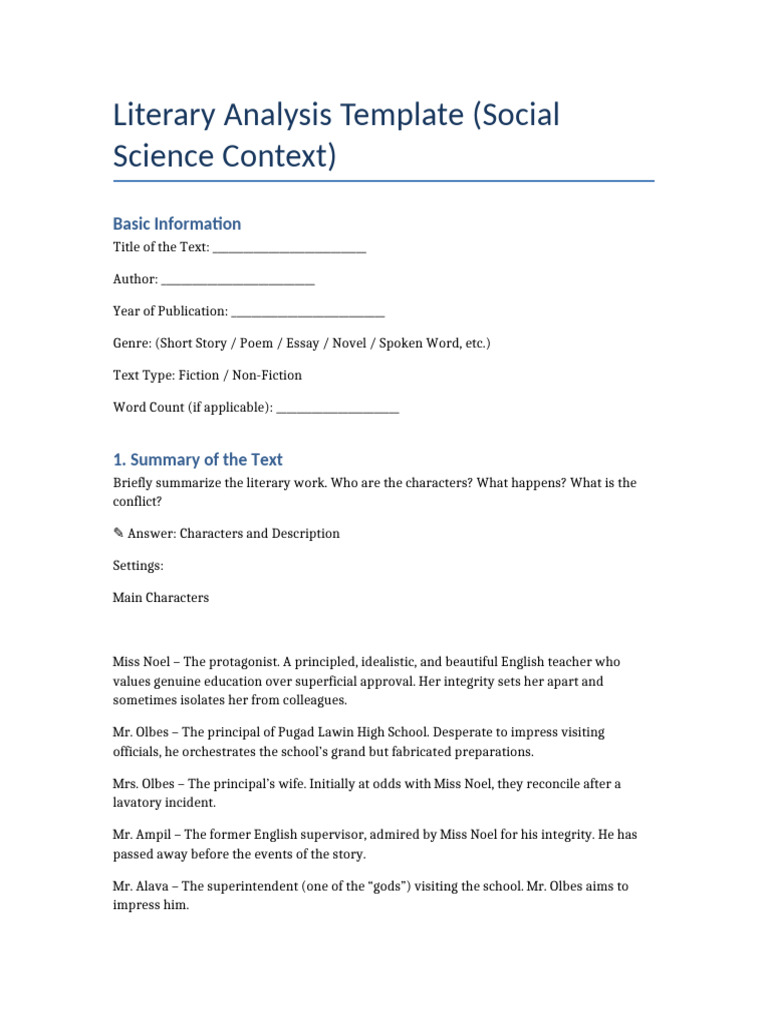 Literary Analysis Template Guide | PDF