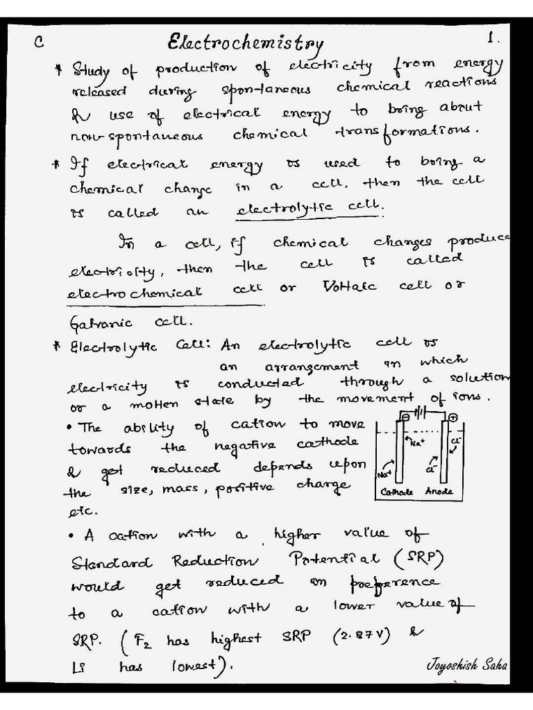 Electrochemistry - Important Short Notes | PDF