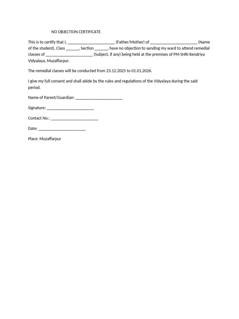 No Objection Certificate for Remedial Classes | PDF
