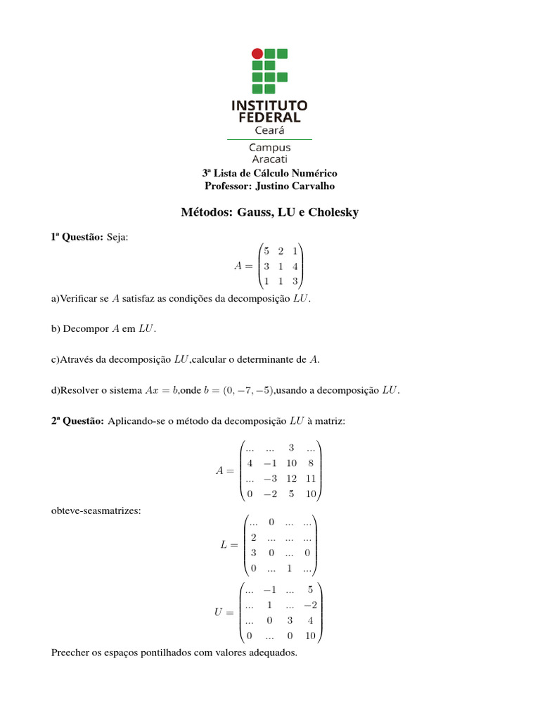 Cálculo Numérico: Métodos LU e Cholesky | PDF | Determinante | Algoritmos