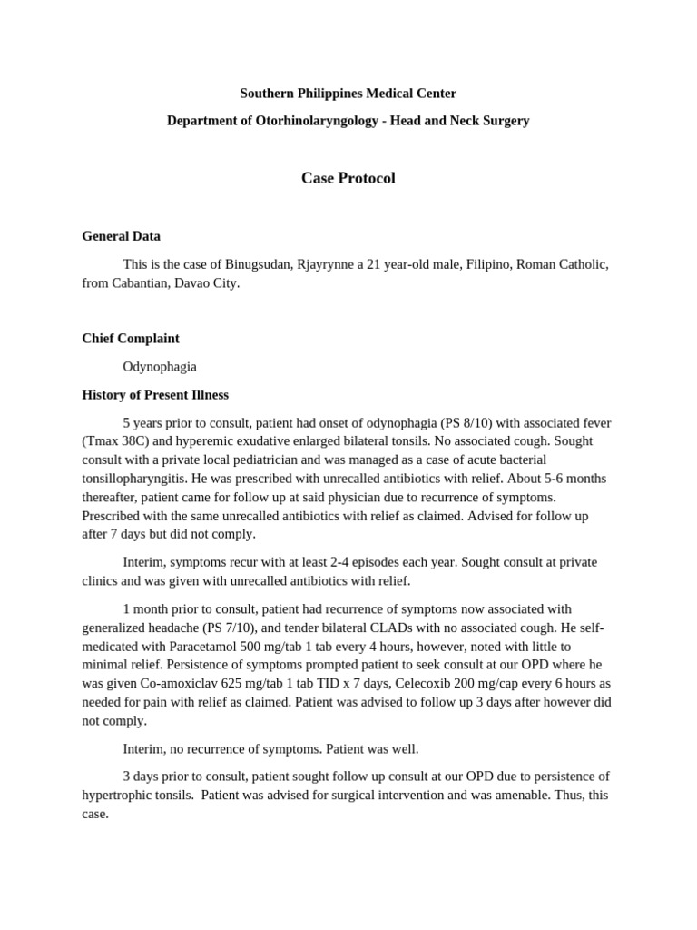 Case Protocol - LEORAG - Tonsillectomy | PDF | Diseases And Disorders ...