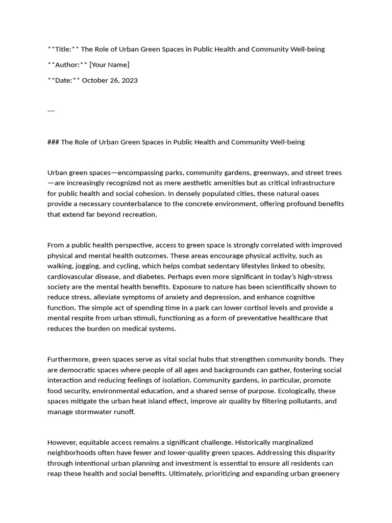 The Role of Urban Green Spaces in Public Health and Community Well ...