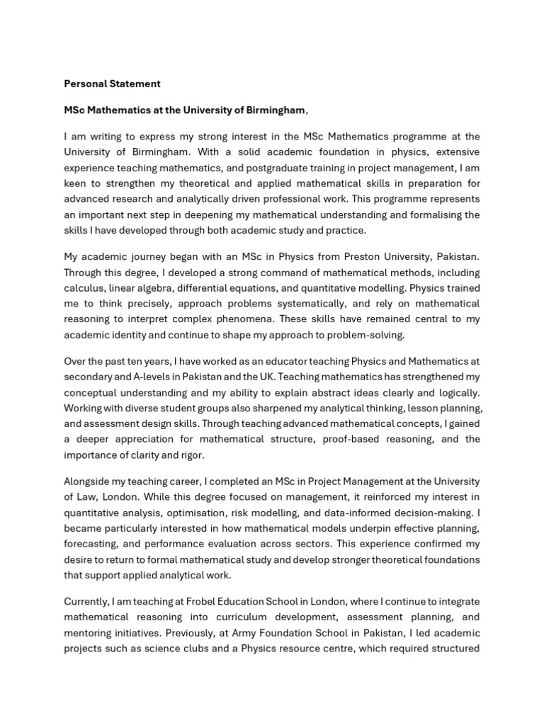 MSc Mathematics Personal Statement | PDF | Mathematics | Physics