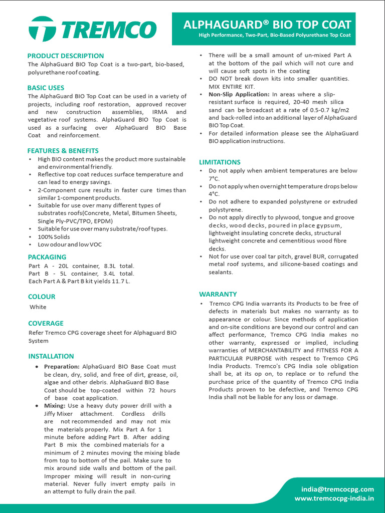 AlphaGuard BIO Top Coat Application Guide | PDF | Roof | Concrete