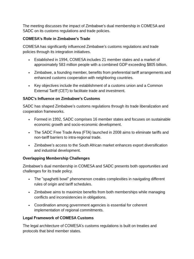 Zimbabwe's Trade Policies: COMESA & SADC Impact | PDF | Customs | Non ...