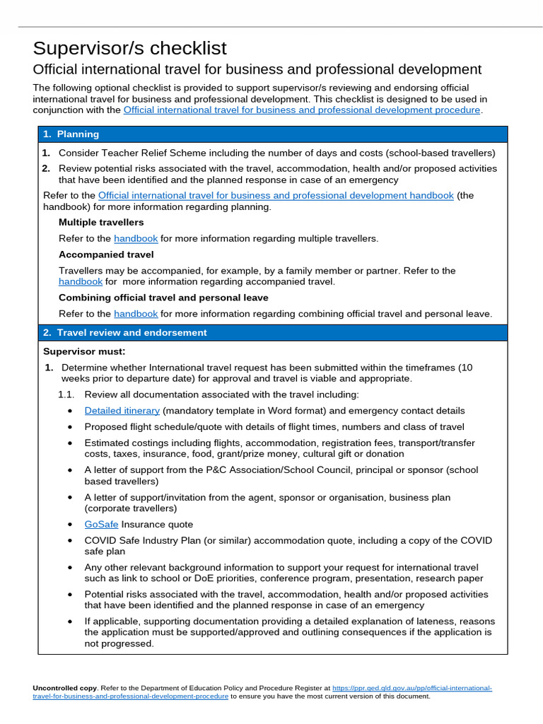 Supervisor Checklist for International Travel | PDF | Insurance