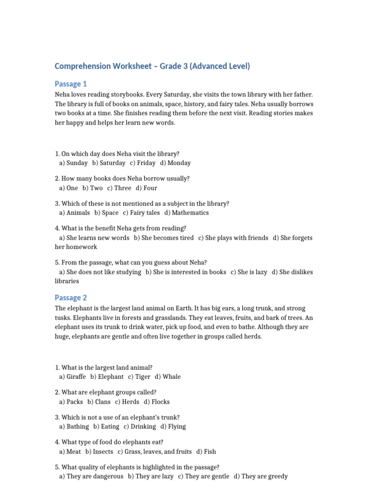 Grade 3 Advanced Comprehension Worksheet | PDF | Elephant