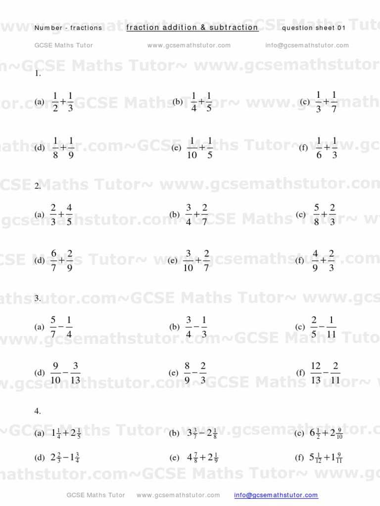 Fraction Addition And Subtraction Worksheet From Gcse Maths Tutor