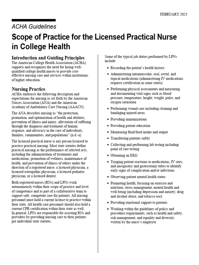 ACHA LPN Scope of Practice Guidelines | PDF | Nursing | Health Care