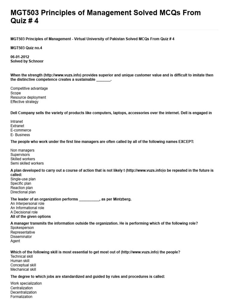 MGT503 Management Quiz 4 Solutions | PDF | Strategic Management ...
