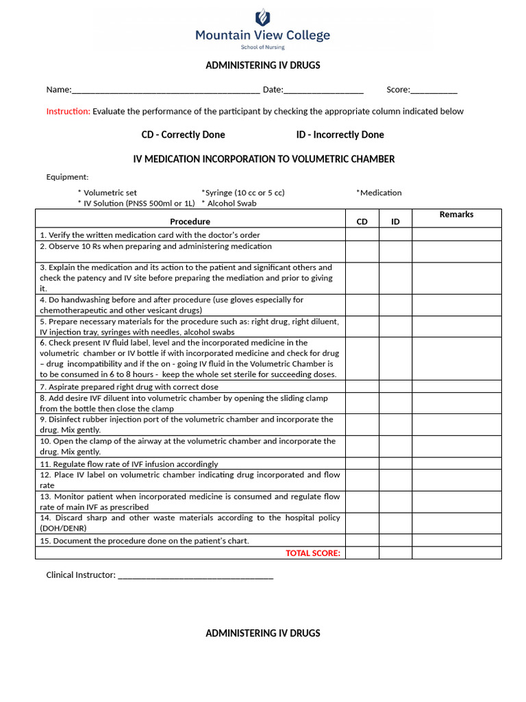 Administration IV Drugs Checklist | PDF | Injection (Medicine ...