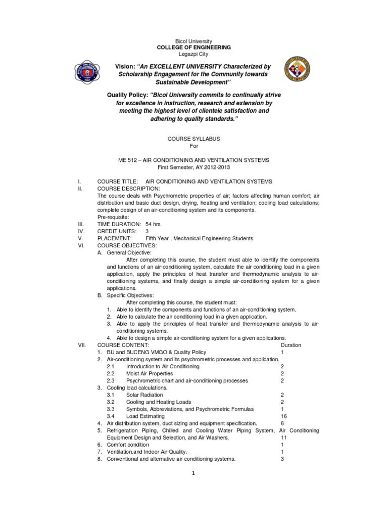 Syllabus ME 512 Airconditioning and Ventilation Systems Not