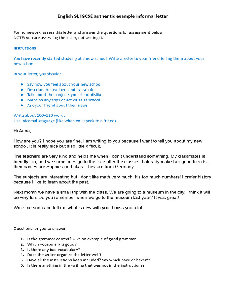 Informal Letter Assessment Guide | PDF