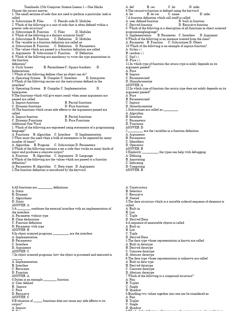 Tamilnadu 12th Computer Science Quiz | PDF | Parameter (Computer ...
