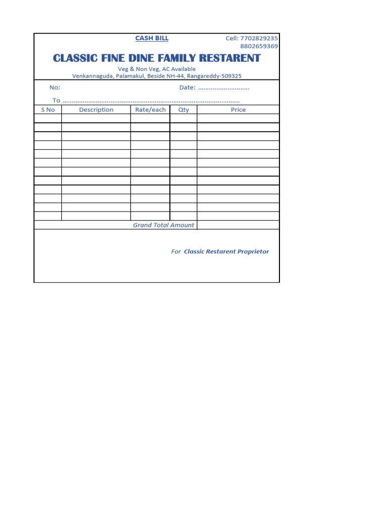Classic Fine Dine Restaurant Bill | PDF