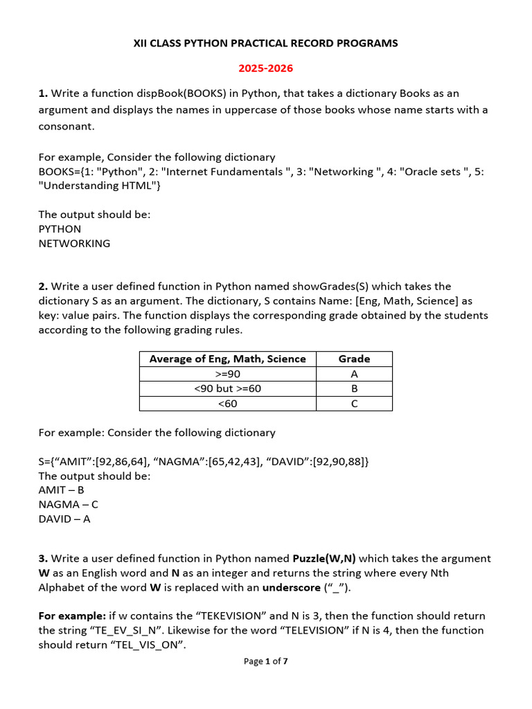 Python Practical Programs for XII Class | PDF | Function (Mathematics ...