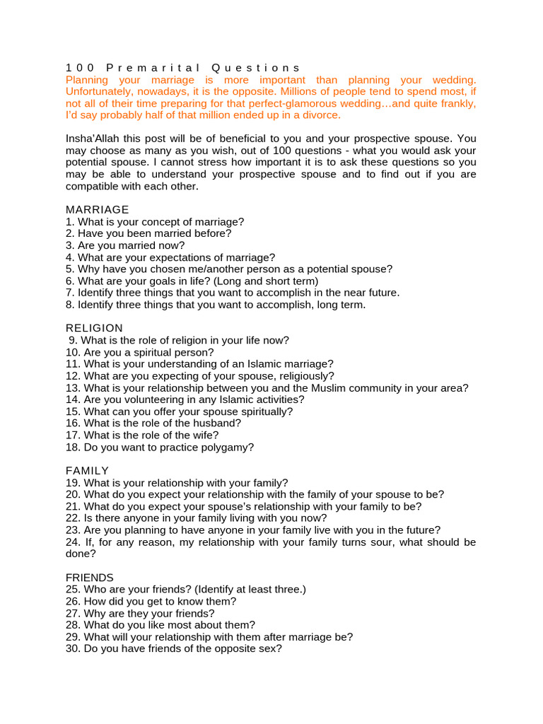 100 Premarital Questions | PDF | Marriage | Feeling