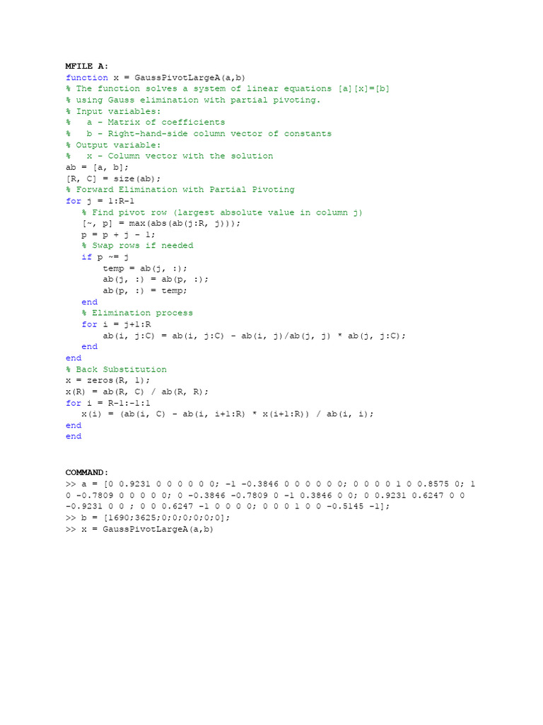 Gauss Elimination with Pivoting Code | PDF
